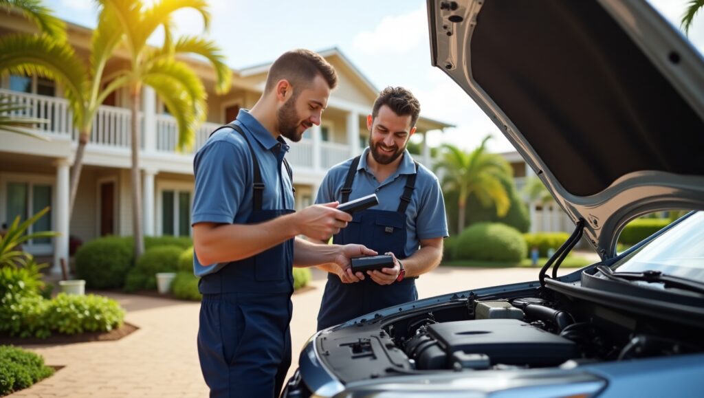The two mechanic uses a diagnostic scanner while the car hood is open. Background includes tropical plants, palm trees, and a coastal-style home. Emphasize professionalism, convenience, and local island setting.