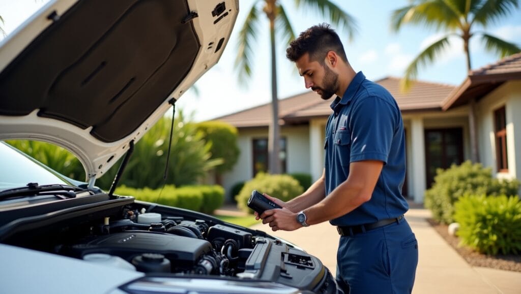 A mobile mechanic performing engine diagnostics on a car parked in a sunny Maui driveway. The mechanic uses a diagnostic scanner while the car hood is open. Background includes tropical plants, palm trees, and a coastal-style home. Emphasize professionalism, convenience, and local island setting.